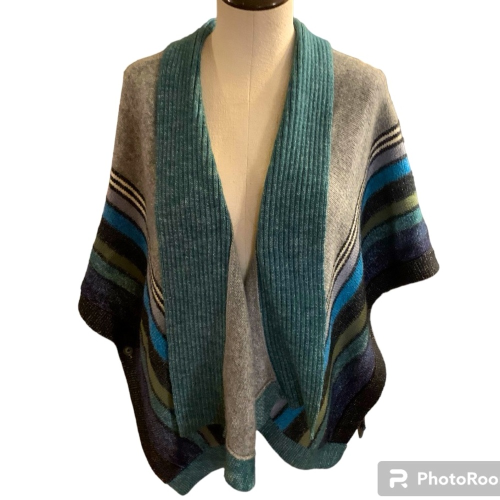 CAbi Teal, Gray & Blue Striped Wrap Poncho